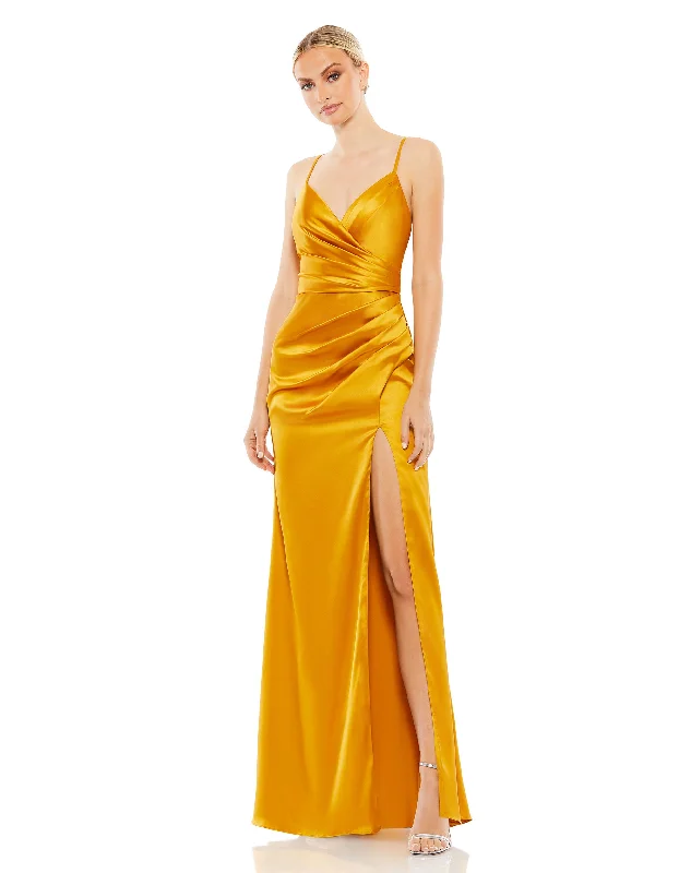 Formal Dress for Cultural ParadesSatin Sleeveless Faux Wrap Ruched Gown