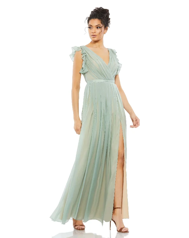 Formal Dress for Tennis TournamentsFlowy V Neck Ruffled Cap Sleeve Gown