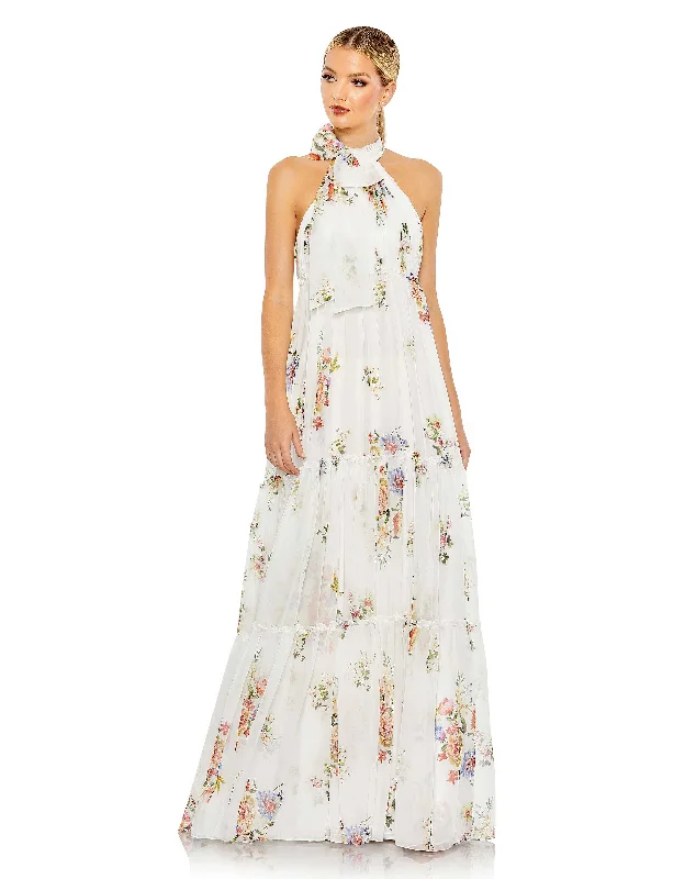 Formal Dress for Science AwardsFloral Print Ruched Tiered High Neck Bow Gown