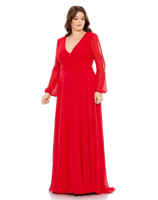 Formal Dress for Eco-Conscious EventsSplit Puff Sleeve Faux Wrap A Line Gown